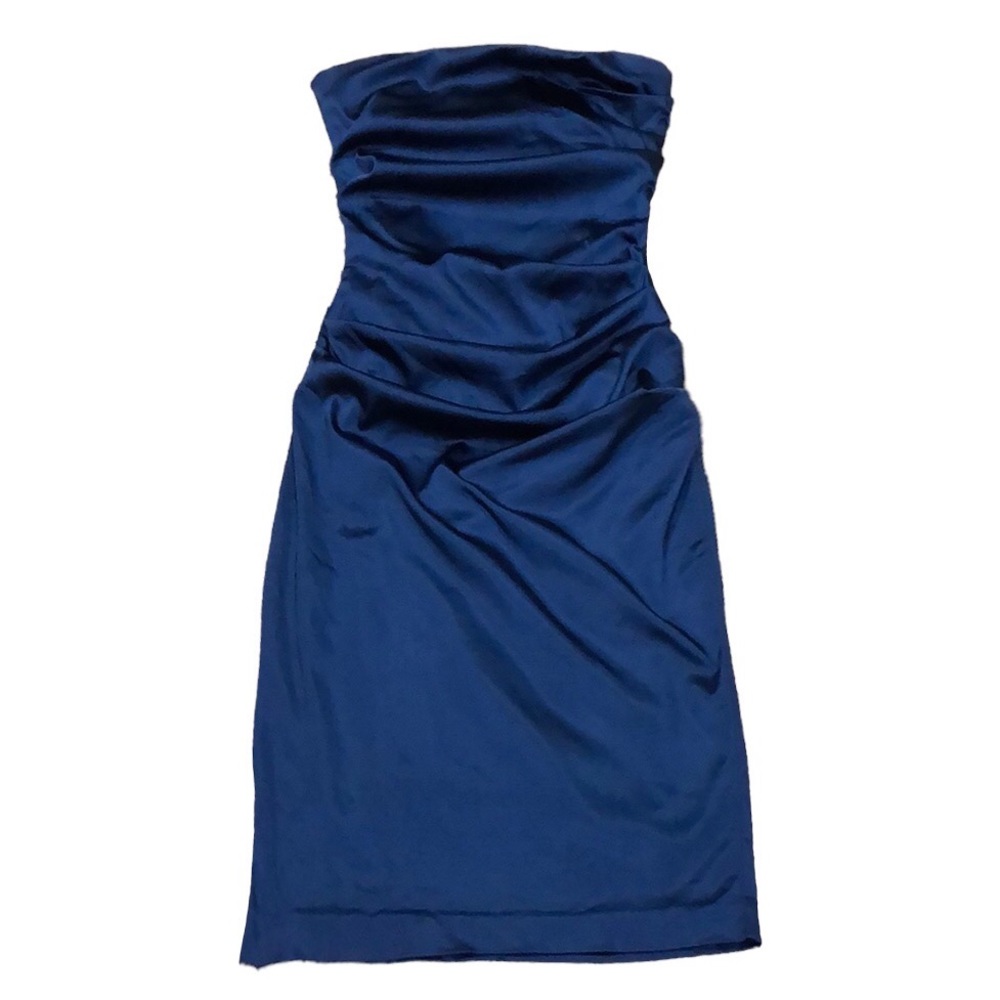 Nicole Miller Collection Midi Dress Size 2 Navy Blue Satin Ruched Strapless